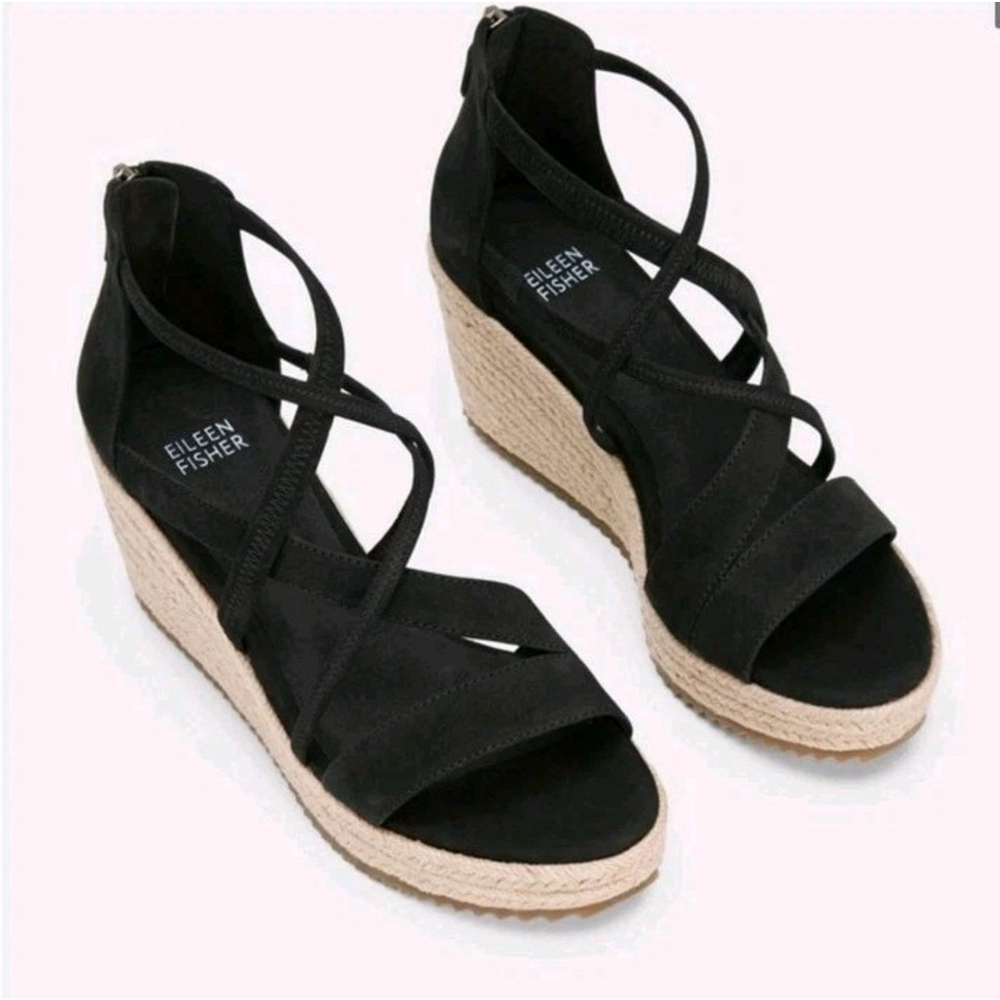 NEW Eileen Fisher Wanda Black Tumbled Nubuck Espadrille Wedge Sandal, Size 11 - Picture 2 of 11